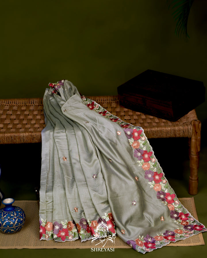 Tussar Silk Saree with Resham Floral Embroidery Border
