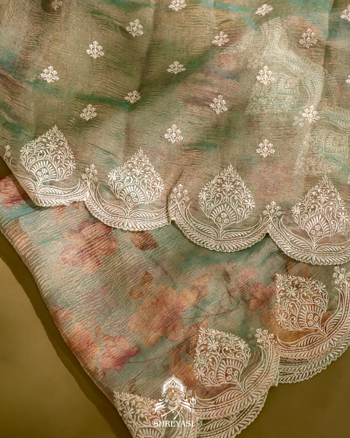 Handloom Pure Crushed Ektara Tissue Silk Saree with Floral Print and Scallop Embroidery