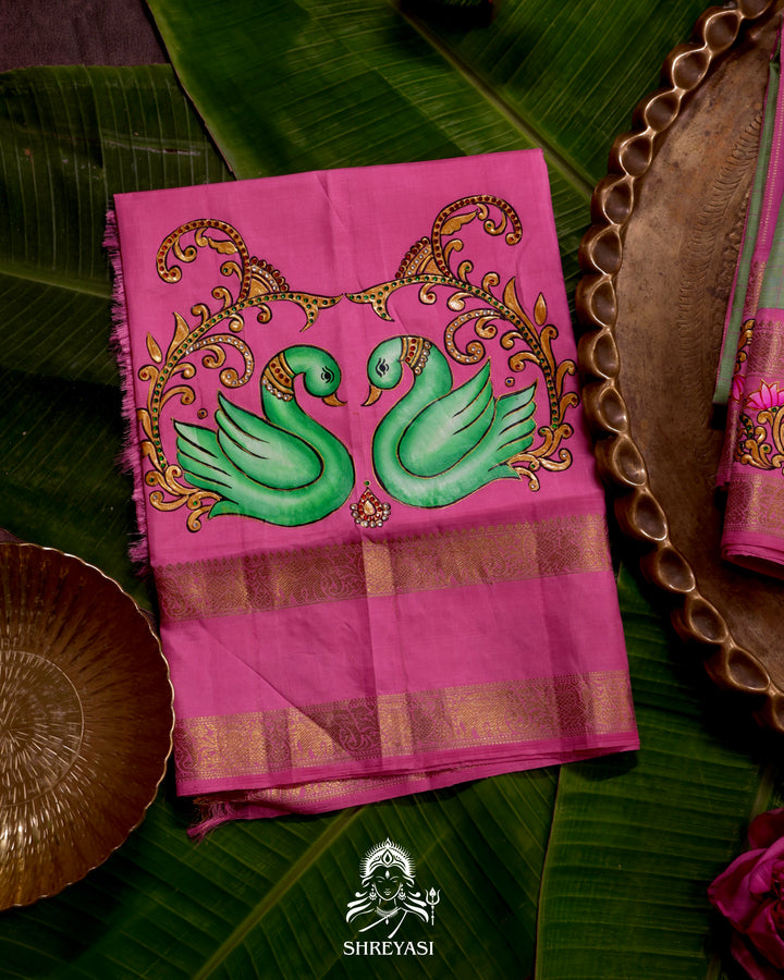 Handloom Pure Kanjivaram Silk Saree in Real Zari with Tanjore Annapakshi and Kamalam Artwork