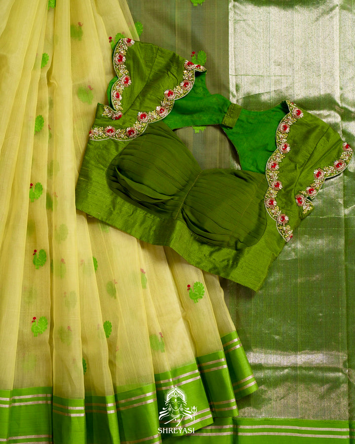 Handloom Pure Chanderi Silk Saree with Hand Embroidered Maggam Work Blouse
