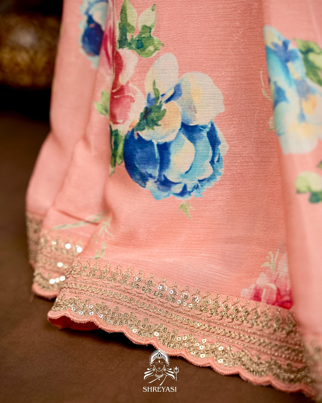 Pure Chinon Satin Saree with Floral Print & Embroidered Scallop Borders