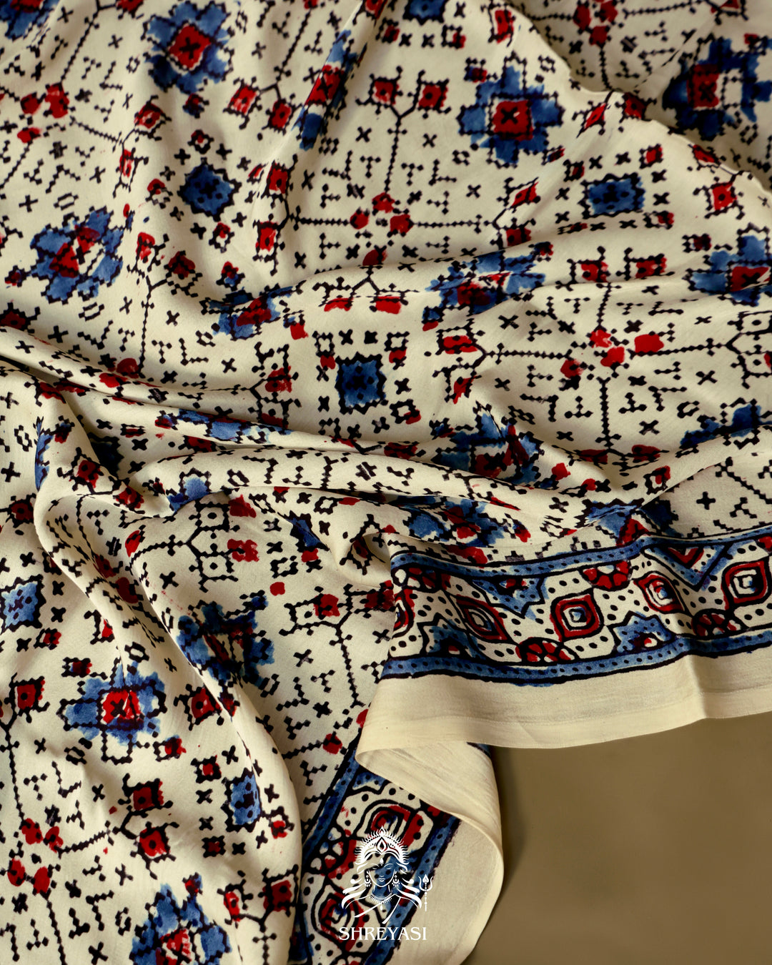 Pure Modal Gaji Silk Lagdi Patta Ivory Blue Ajrakh Saree in Natural Dyes