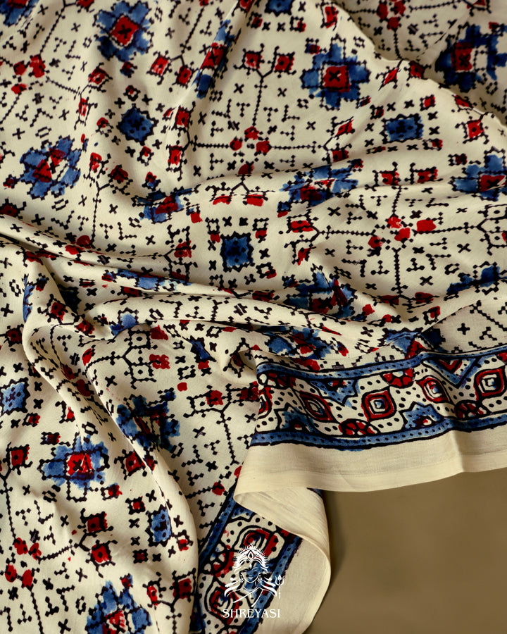 Pure Modal Gaji Silk Lagdi Patta Ivory Blue Ajrakh Saree in Natural Dyes