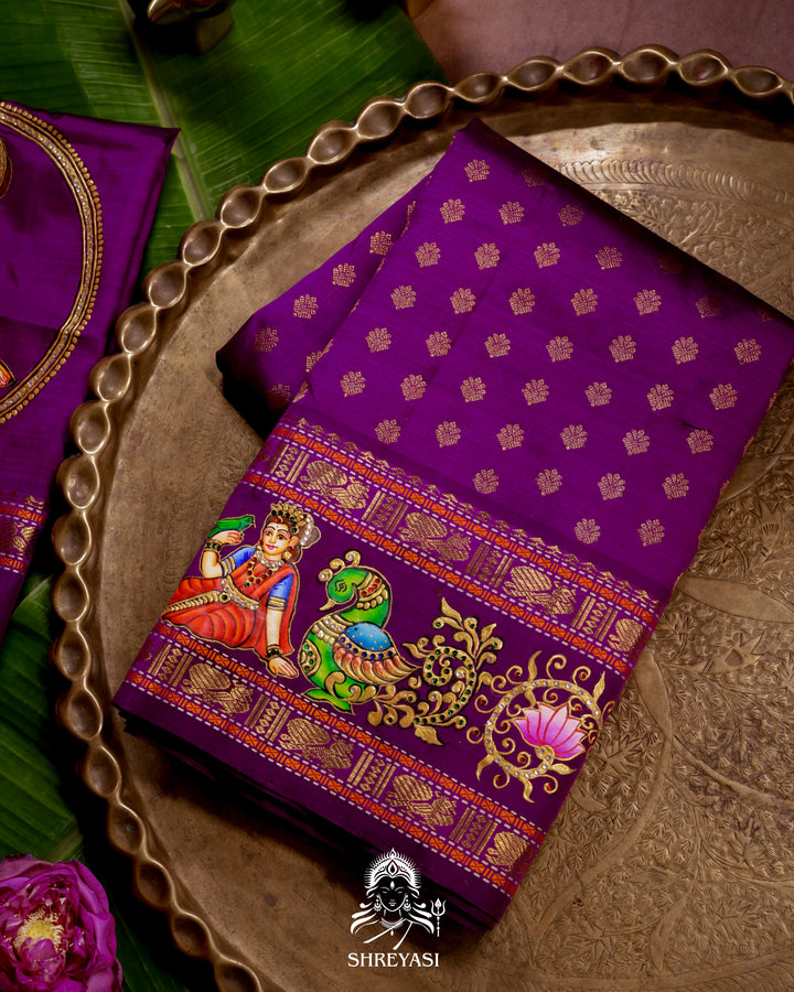 Handloom Pure Kanjivaram Silk Saree in Real Zari with Tanjore Madhura Meenakshi, Mayil and Kamalam Artwork