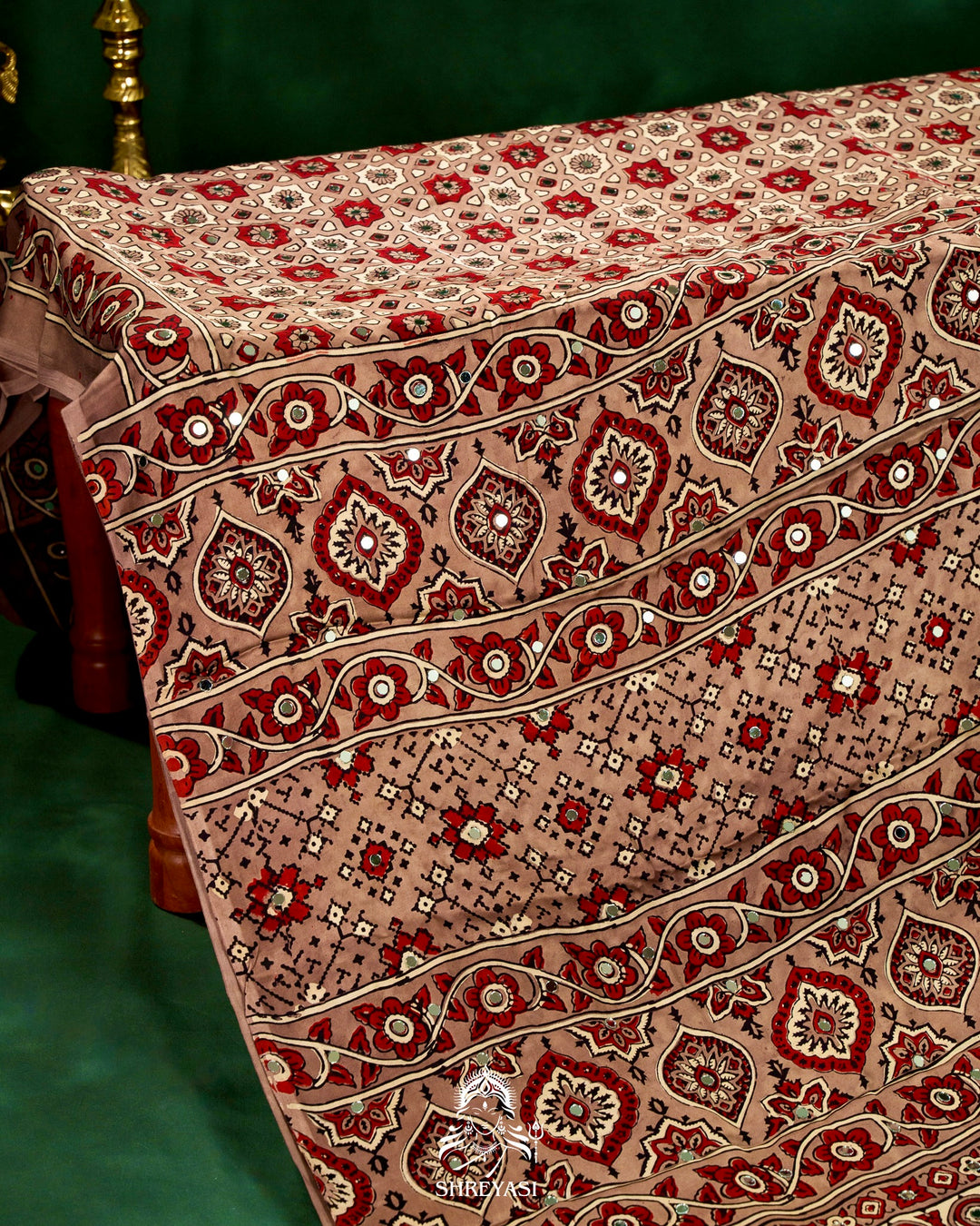 Mirror Work Pure Modal Silk Ajrakh Hand Block Printed Saree | Naturally Dyed Artisan Collection