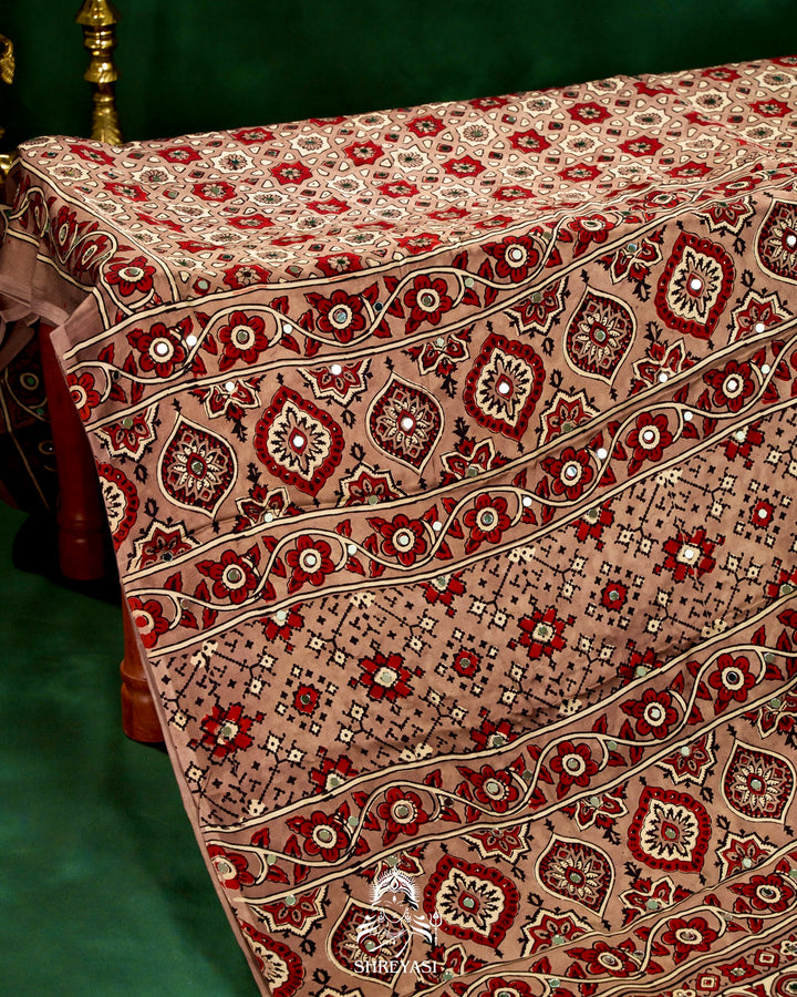 Mirror Work Pure Modal Silk Ajrakh Hand Block Printed Saree | Naturally Dyed Artisan Collection