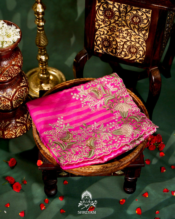 Handloom Pure Banarasi Silk Saree with Zari Stripes and Fine Resham Thread Embroidery