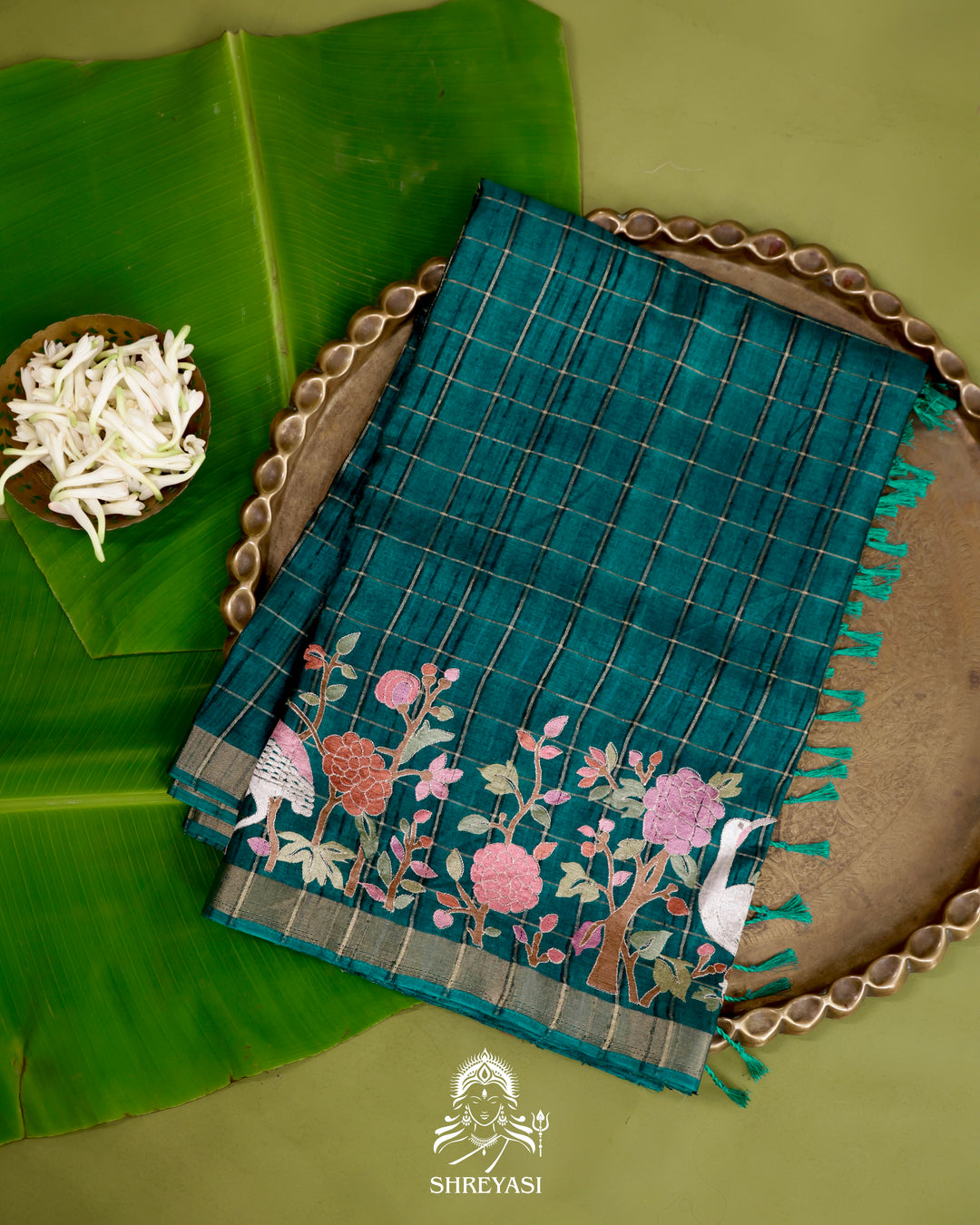 Pure Linen Tussar Silk Saree with Resham Embroidered Borders
