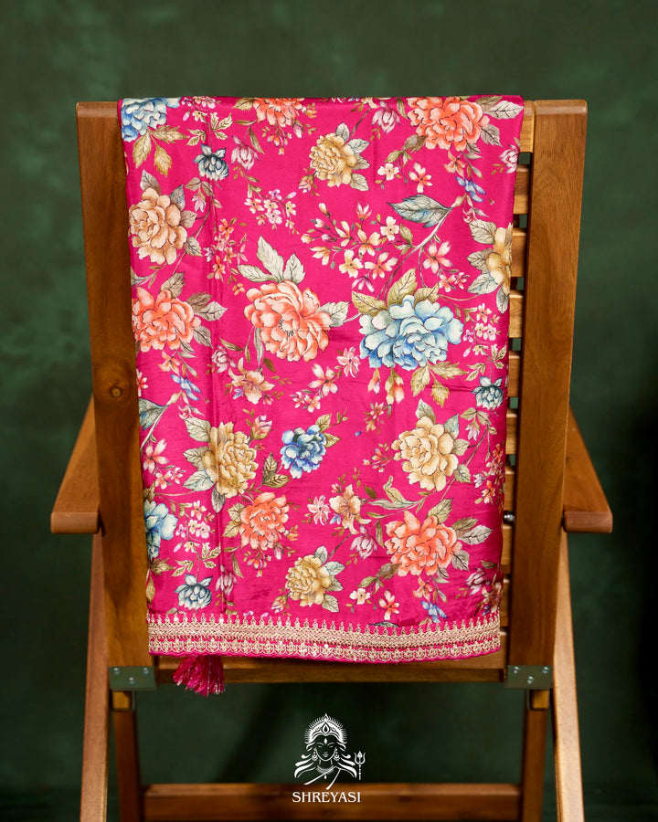 Floral Crepe Chiffon Saree with Embroidered Borders