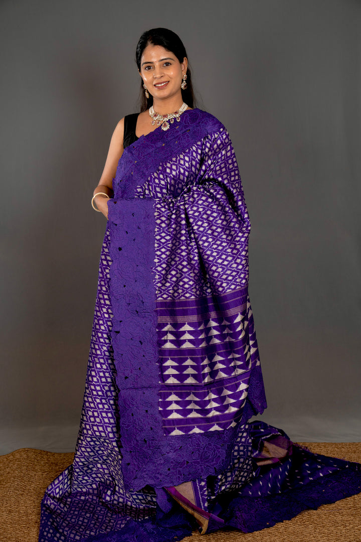 Handloom Pure Patola Silk Saree with Scalloped Floral Appliqué Embroidered Borders
