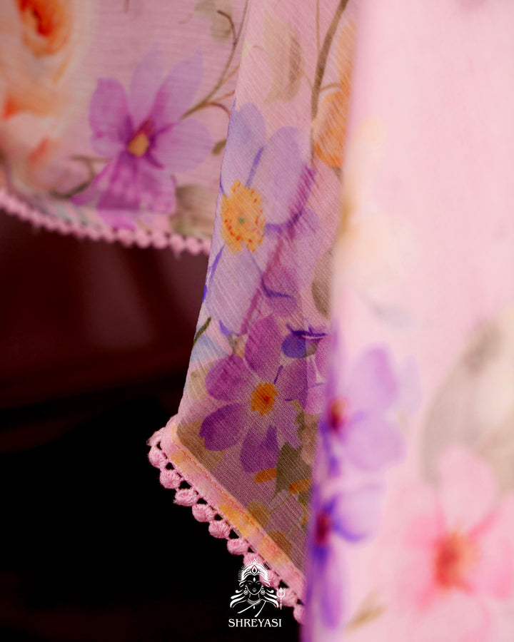 Pure Chiffon Floral Saree with Crochet Embroidery Border