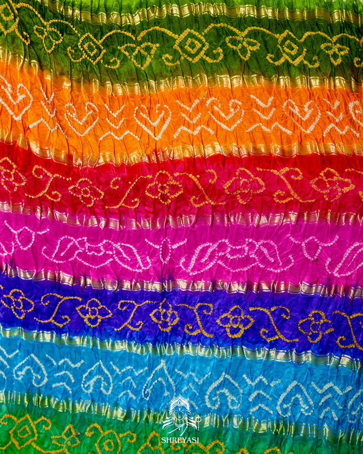 Handloom Pure Bandhani Gaji Silk Saree with Hand-Knotted Bandhej and Multicolored Bandhani Pallu