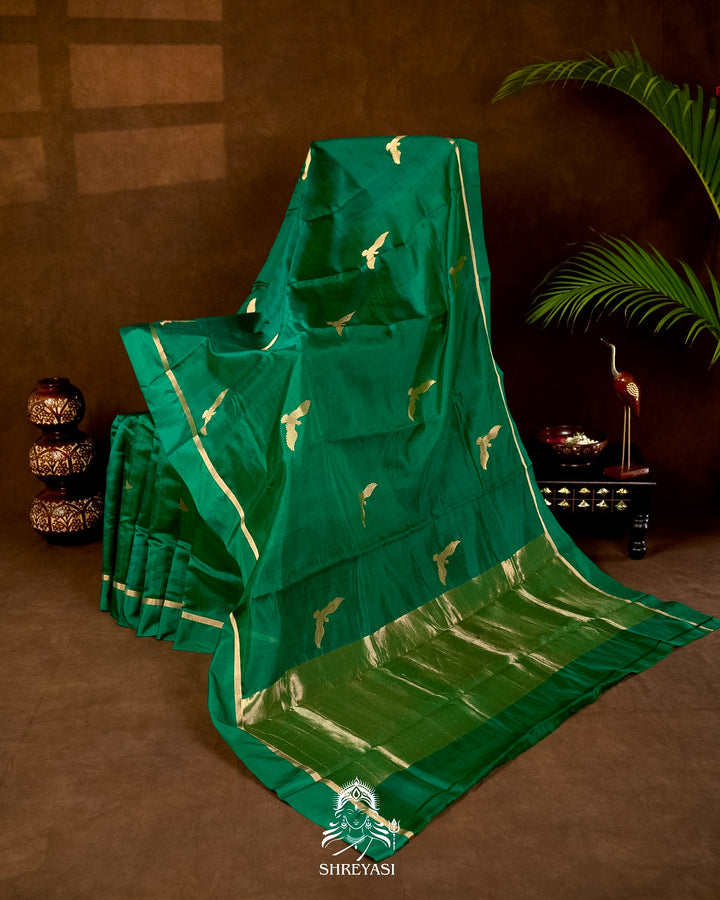 Handloom Pure Chanderi Pattu Silk Saree in Emerald Green with Bird Motifs