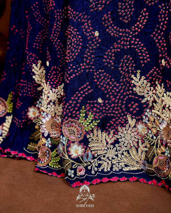 Handloom Pure Gaji Silk Bandhej Saree with Floral Embroidery