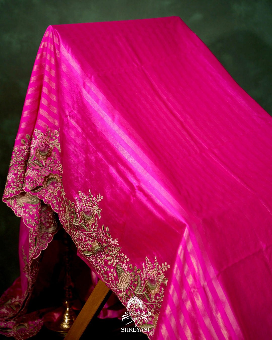 Handloom Pure Banarasi Silk Saree with Zari Stripes and Fine Resham Thread Embroidery
