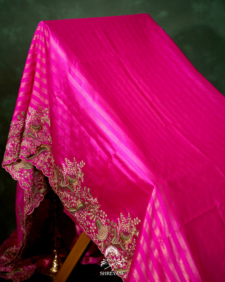 Handloom Pure Banarasi Silk Saree with Zari Stripes and Fine Resham Thread Embroidery