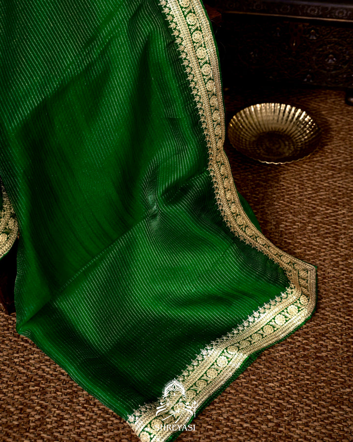 Pure Organza Silk Saree in Emerald Green with Embroidered Border