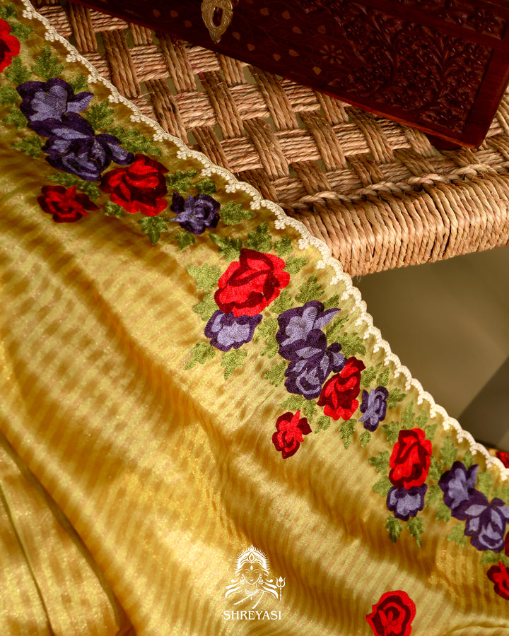 Chanderi Tissue Saree with Pita & Thread Floral Embroidery