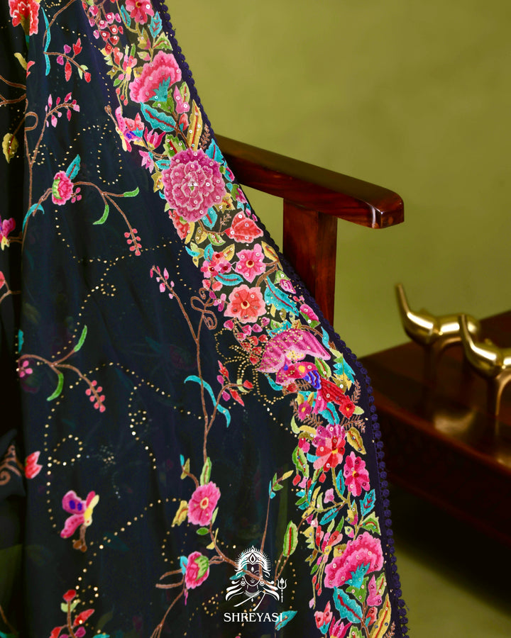 Midnight Floral Pure Georgette Saree with Mukaish, Bead & Sequin Work