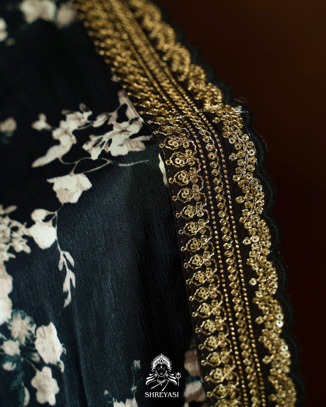 Midnight Noir Pure Chinon Satin Saree with Embroidered Borders