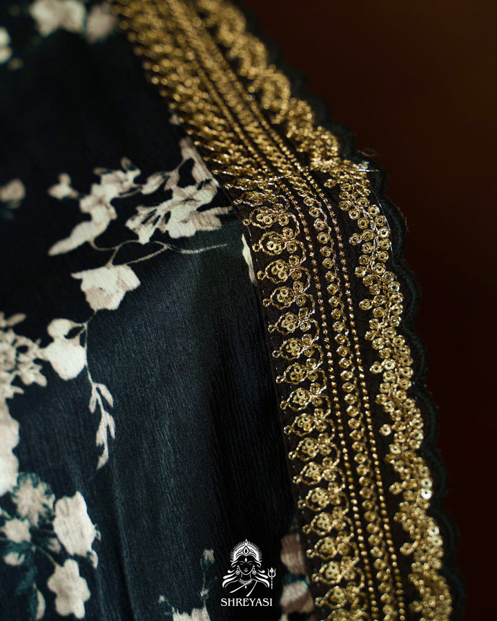 Midnight Noir Pure Chinon Satin Saree with Embroidered Borders