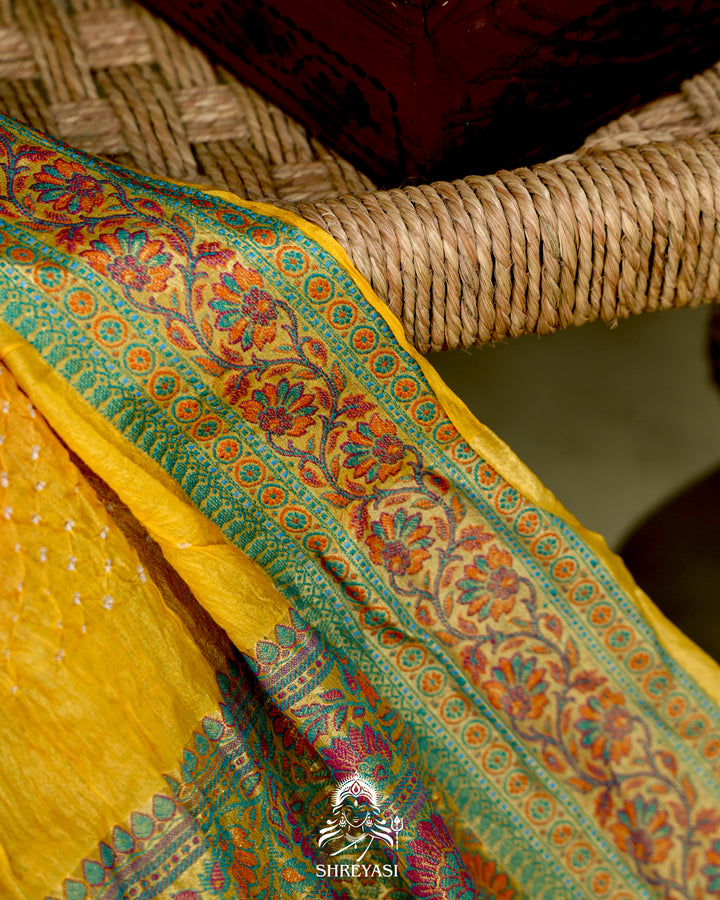 Hand Knotted Bandhej Tussar Silk Saree with Meenakari Weaving