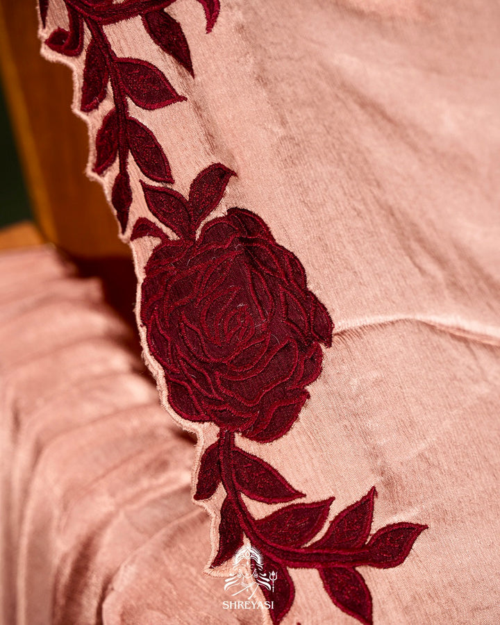 Pure Satin Silk Saree with Contrast Appliqué Borders