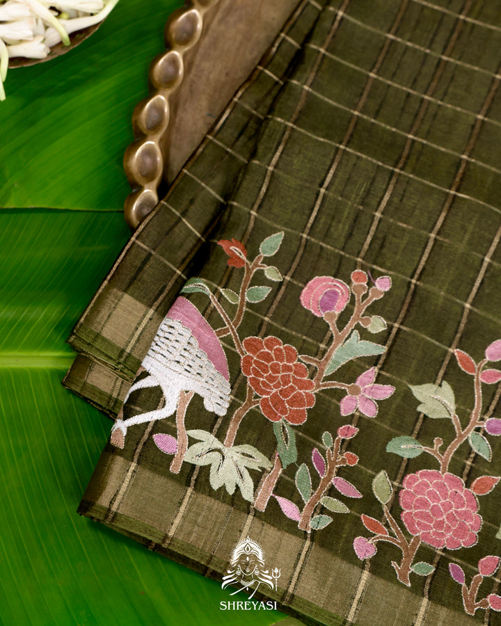Pure Linen Tussar Silk Saree with Resham Embroidered Borders