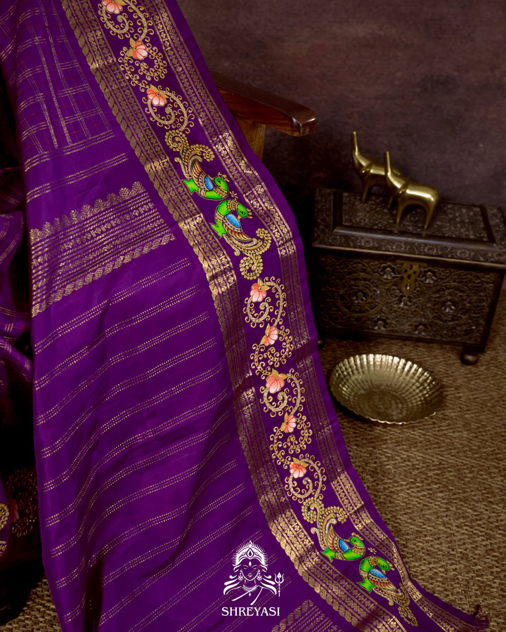 Handloom Pure Kanjivaram Silk Saree in Real Zari with Tanjore Mayil and Kamalam Artwork