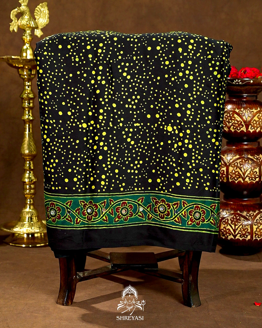 Mirror Work Pure Modal Silk Ajrakh Hand Block Printed Saree | Naturally Dyed Artisan Collection