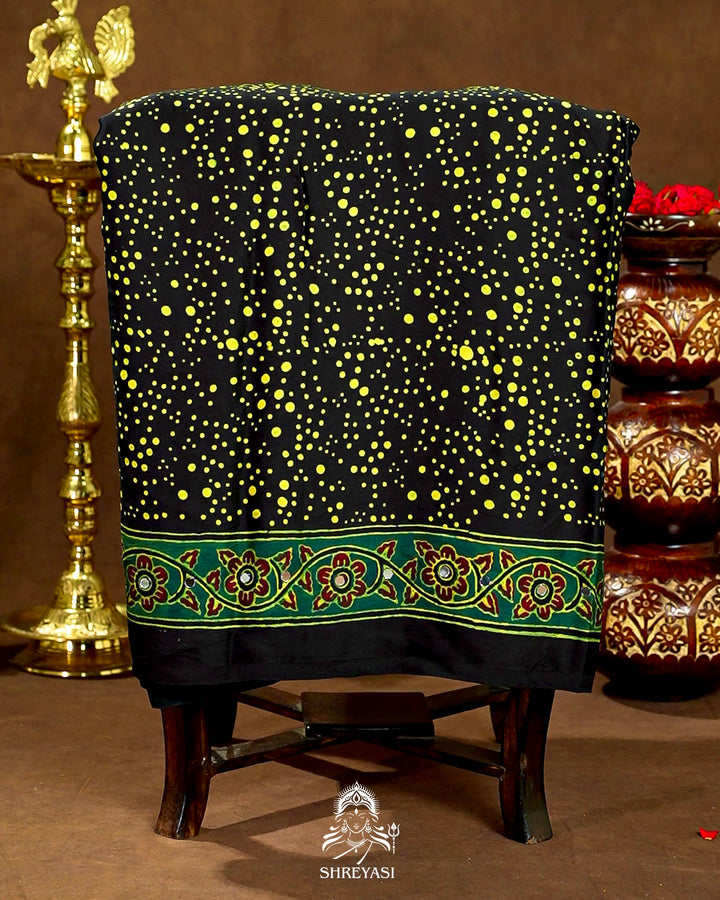 Mirror Work Pure Modal Silk Ajrakh Hand Block Printed Saree | Naturally Dyed Artisan Collection