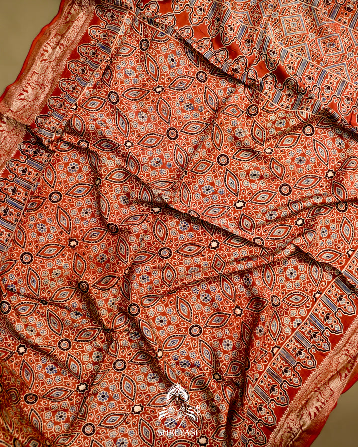 Hand Block Printed Ajrakh Dola Silk Saree with Zari Brocade Blouse