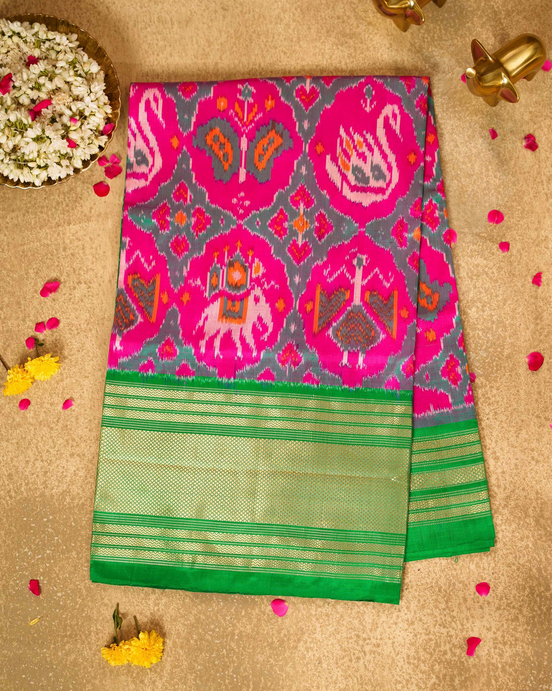 Pink & Green Handloom Pure Pochampally Silk Saree with Kanchi Borders