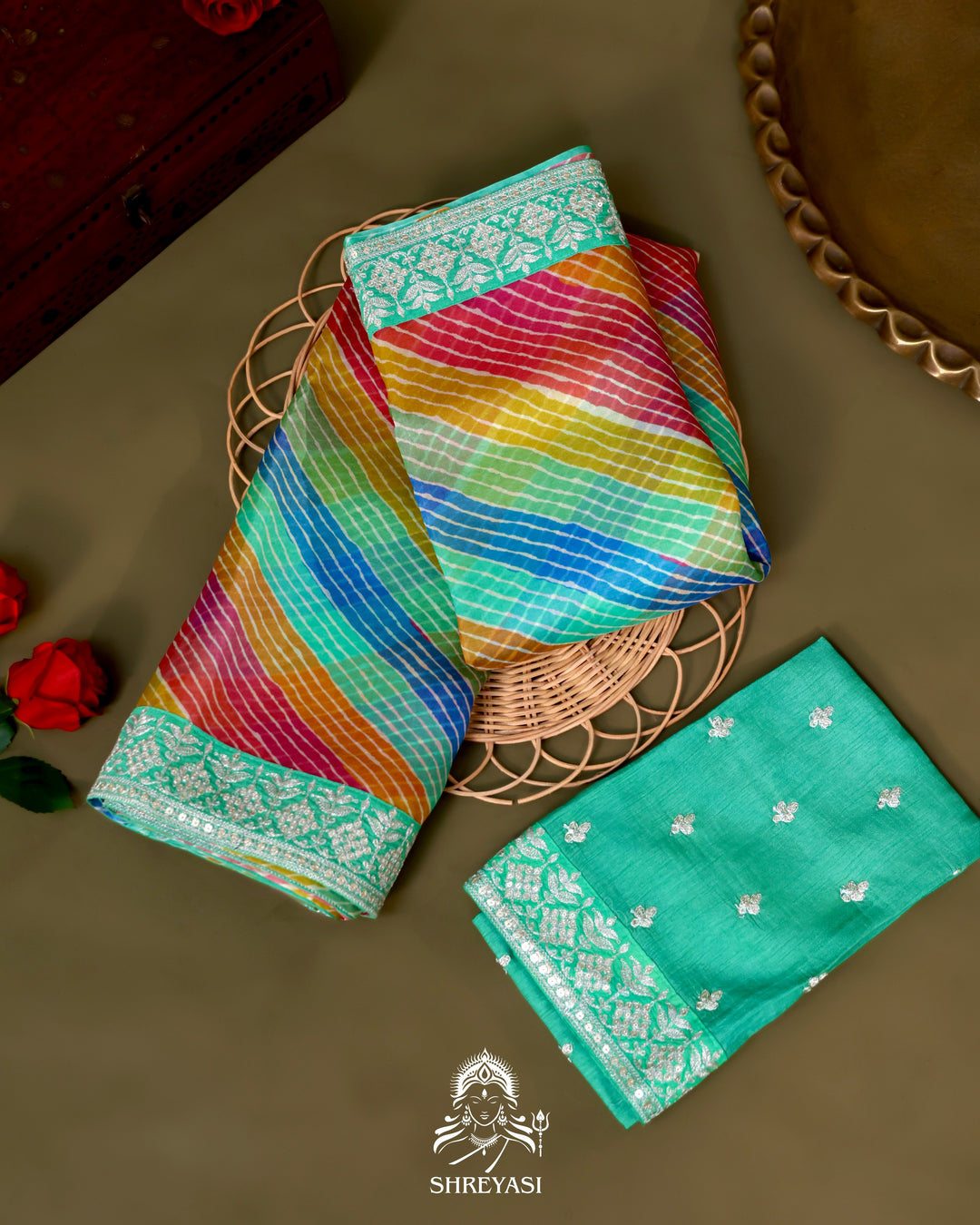 Pure Organza Silk Saree in Multicolor Leheriya with Mint Embroidered Border
