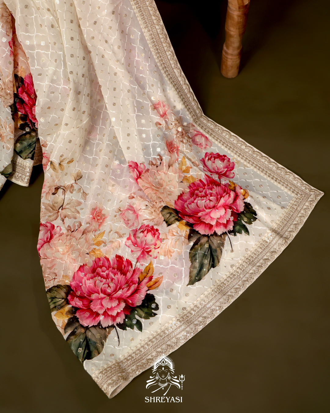 Georgette Floral Saree with Thread Embroidery and Micro Sequins