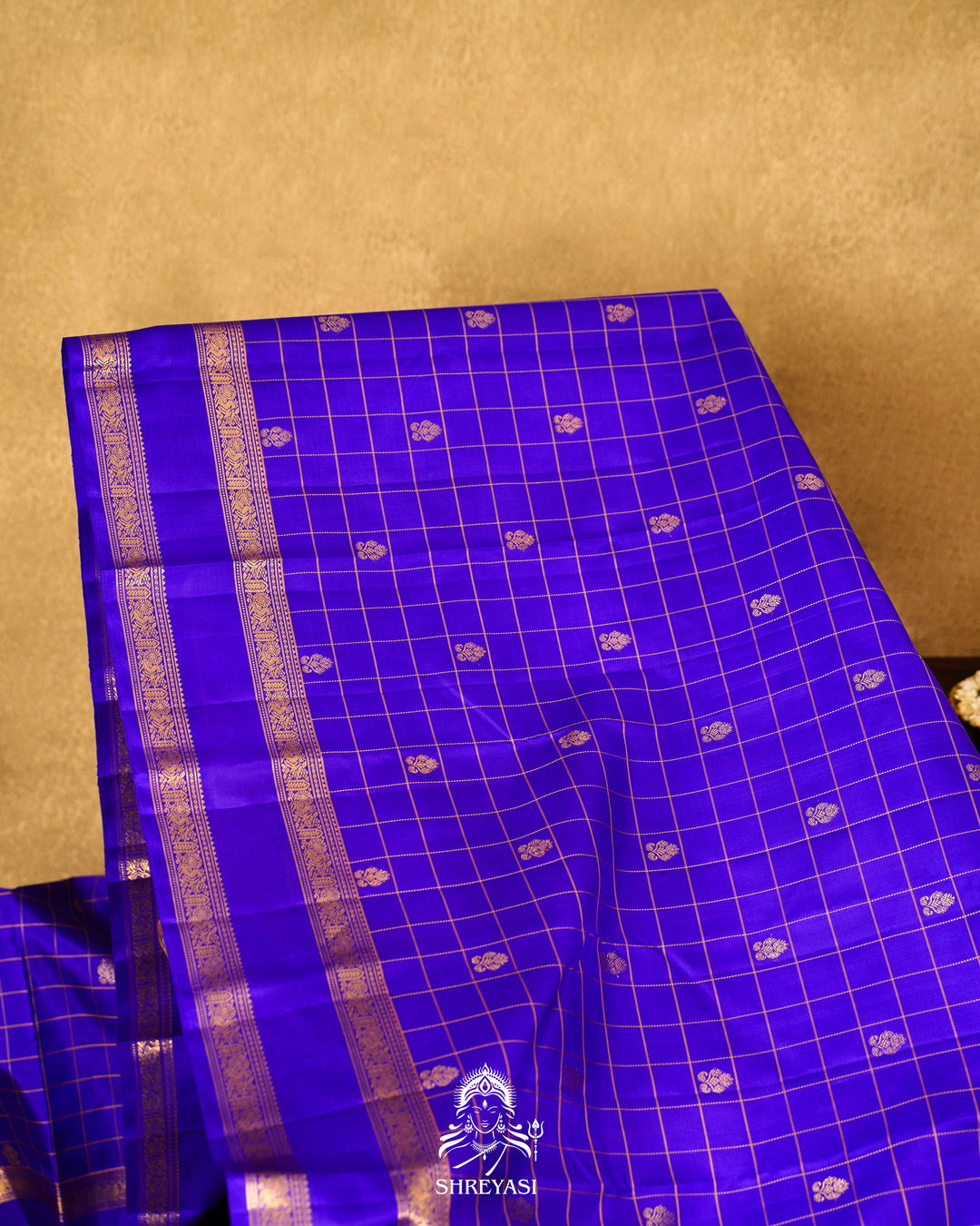 Handloom Pure Kanjivaram Silk Saree in Royal Blue with Kattam Checks and Traditional Zari Borders