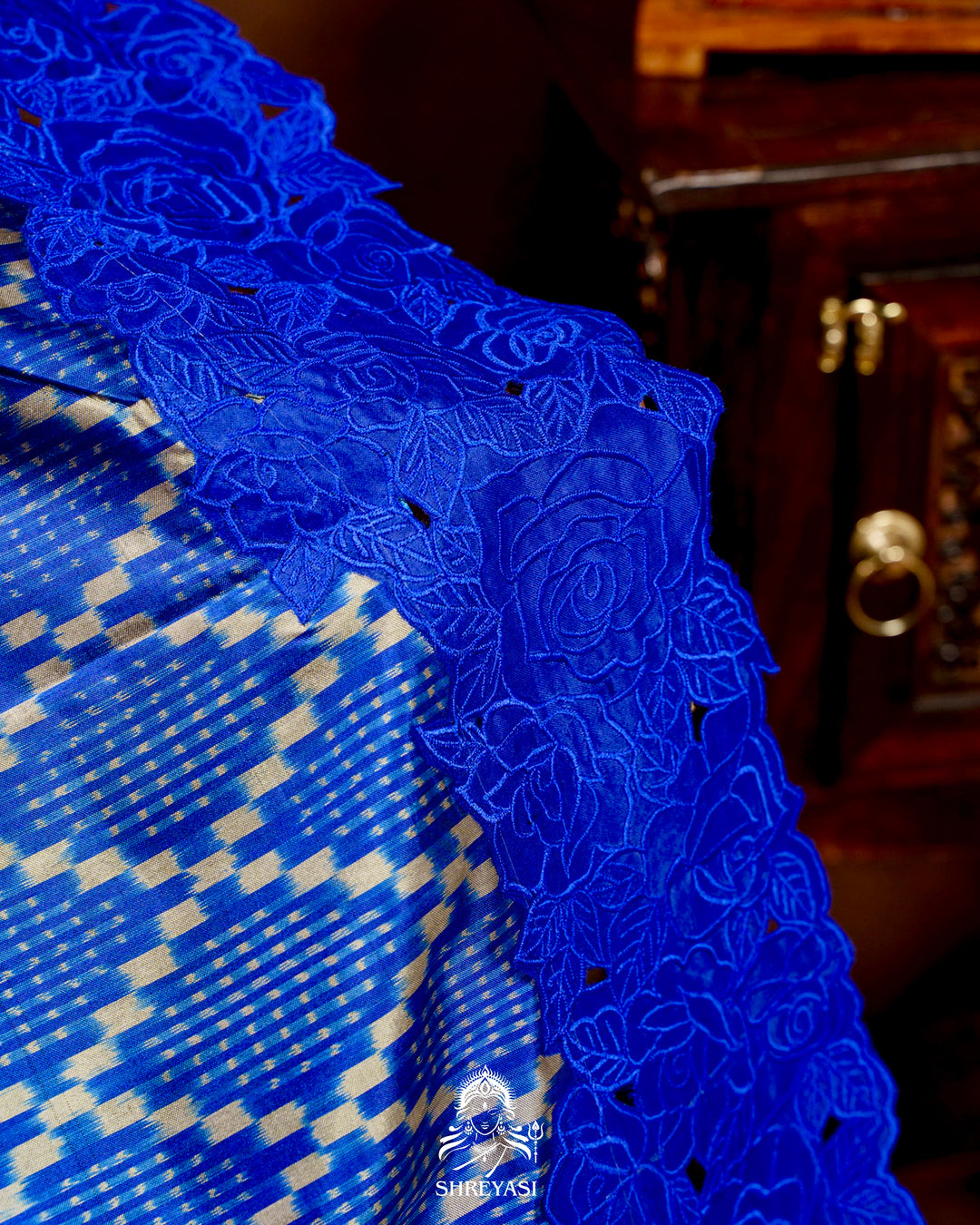 Handloom Pure Patola Silk Saree with Scalloped Floral Appliqué Embroidered Borders