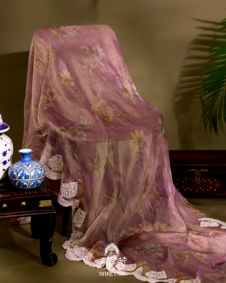 Handloom Pure Crushed Ektara Tissue Silk Saree with Floral Print and Scallop Embroidery