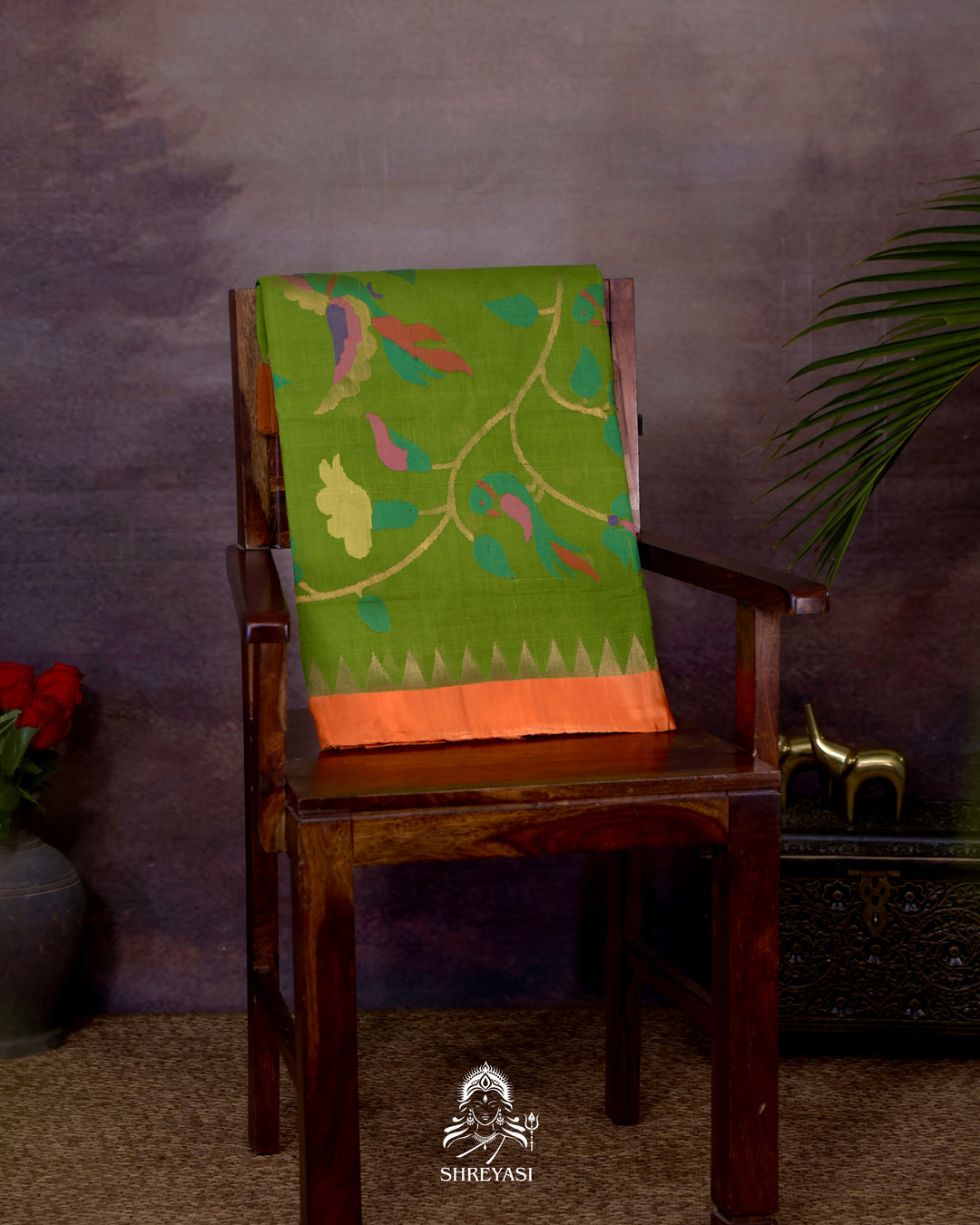 Handwoven Pure Ponduru Khadi Jamdani Saree in Fresh Leaf Green with Woven Floral & Bird Pallu
