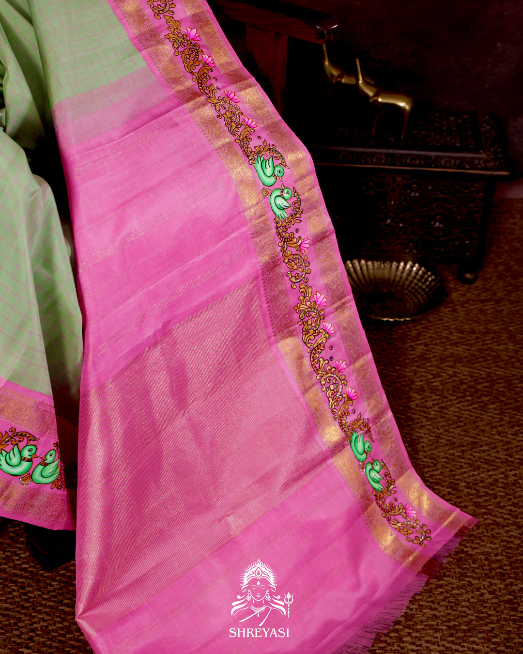 Handloom Pure Kanjivaram Silk Saree in Real Zari with Tanjore Annapakshi and Kamalam Artwork