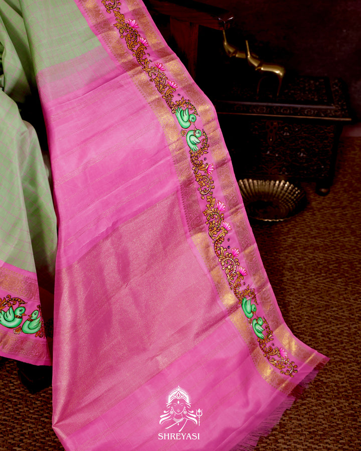 Handloom Pure Kanjivaram Silk Saree in Real Zari with Tanjore Annapakshi and Kamalam Artwork
