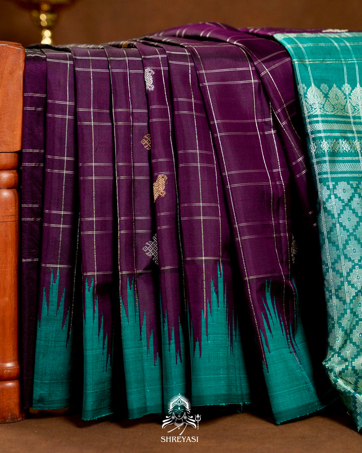 Handloom Pure Gadwal Silk Saree with Kuttu Korvai Border, Zari Checks & Traditional Motifs