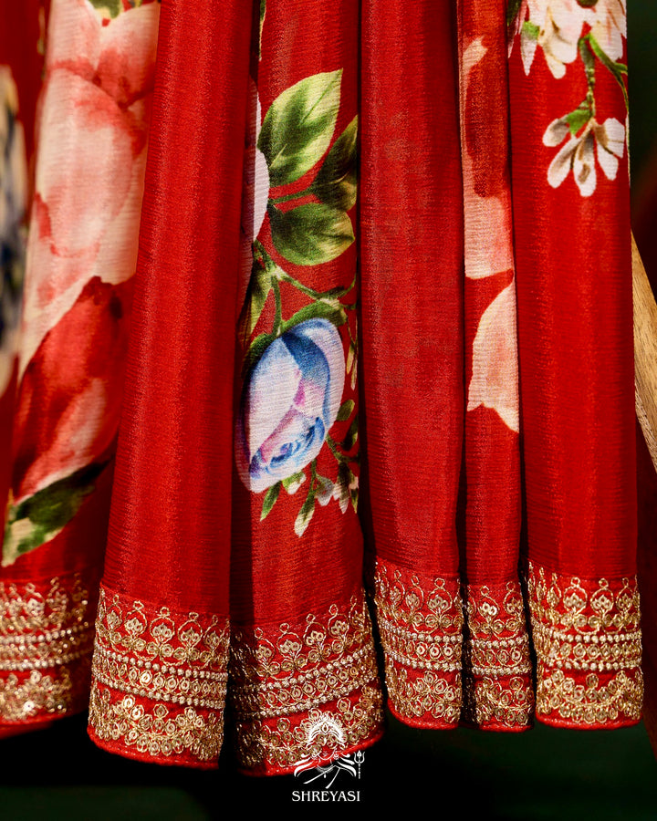Pure Chinon Satin Silk Saree with Floral Print & Embroidered Border