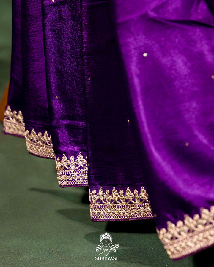 Pure Crepe Satin Saree with Embroidered Borders and Fully Embroidered Blouse