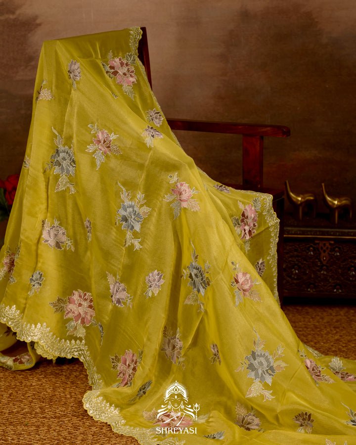 Pure Tissue Silk Saree with Floral Threadwork and Pita Embroidered Border