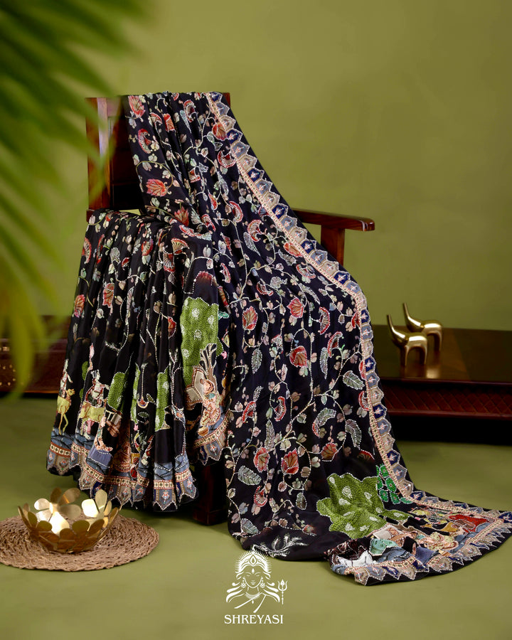 Pure Crepe Silk Saree with Kantha Embroidery