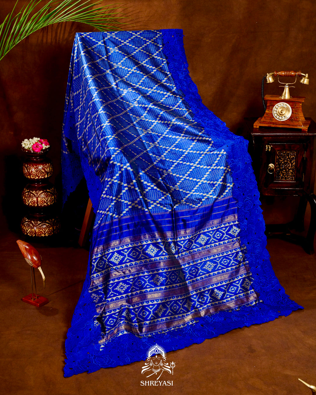 Handloom Pure Patola Silk Saree with Scalloped Floral Appliqué Embroidered Borders