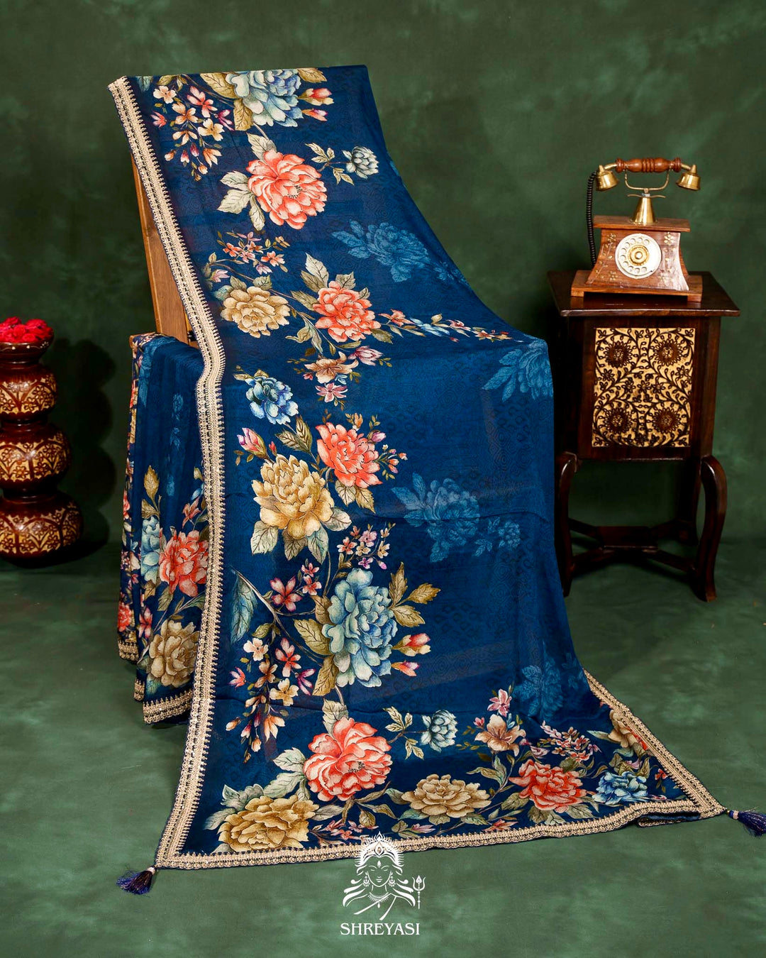 Floral Crepe Chiffon Saree with Embroidered Borders