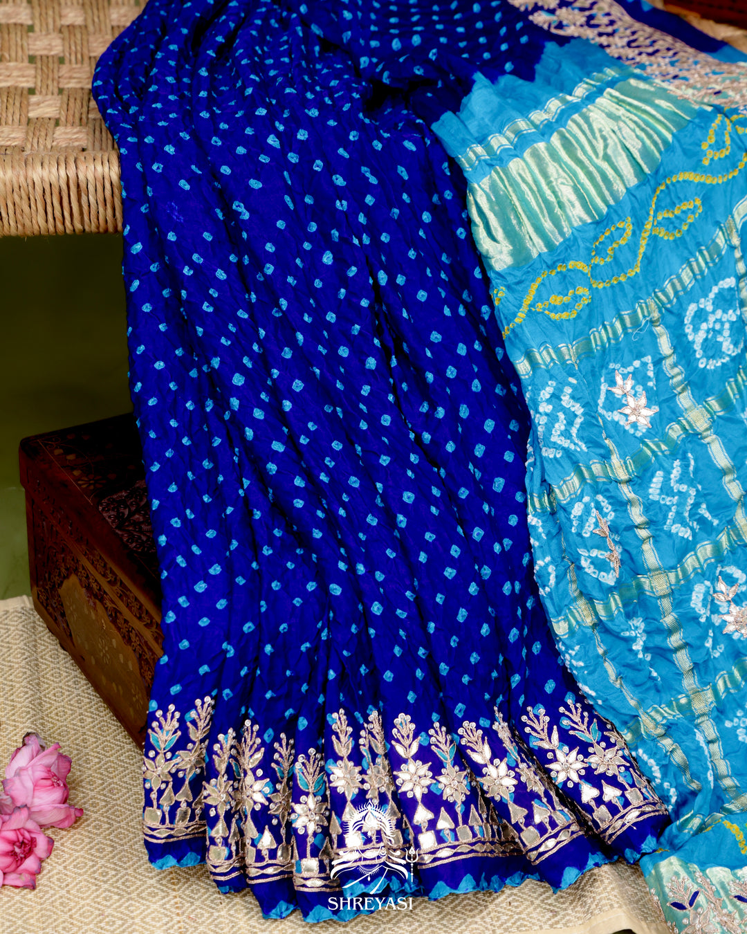 Handloom Pure Gaji Silk Saree with Hand-Knotted Bandhej and Gharchola Pallu with Heavy Gotapatti Embroidery