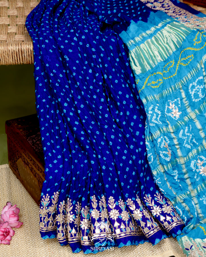 Handloom Pure Gaji Silk Saree with Hand-Knotted Bandhej and Gharchola Pallu with Heavy Gotapatti Embroidery